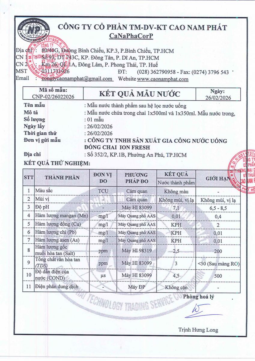 Kết quả mẫu nước cất năm 2025