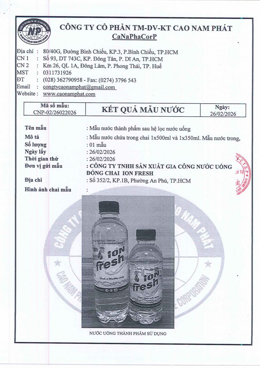 Kết quả mẫu nước cất năm 2025