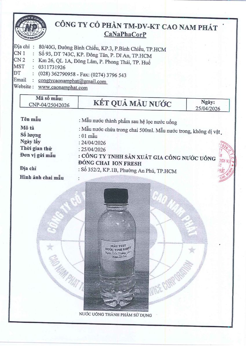 Kết quả mẫu nước cất năm 2025