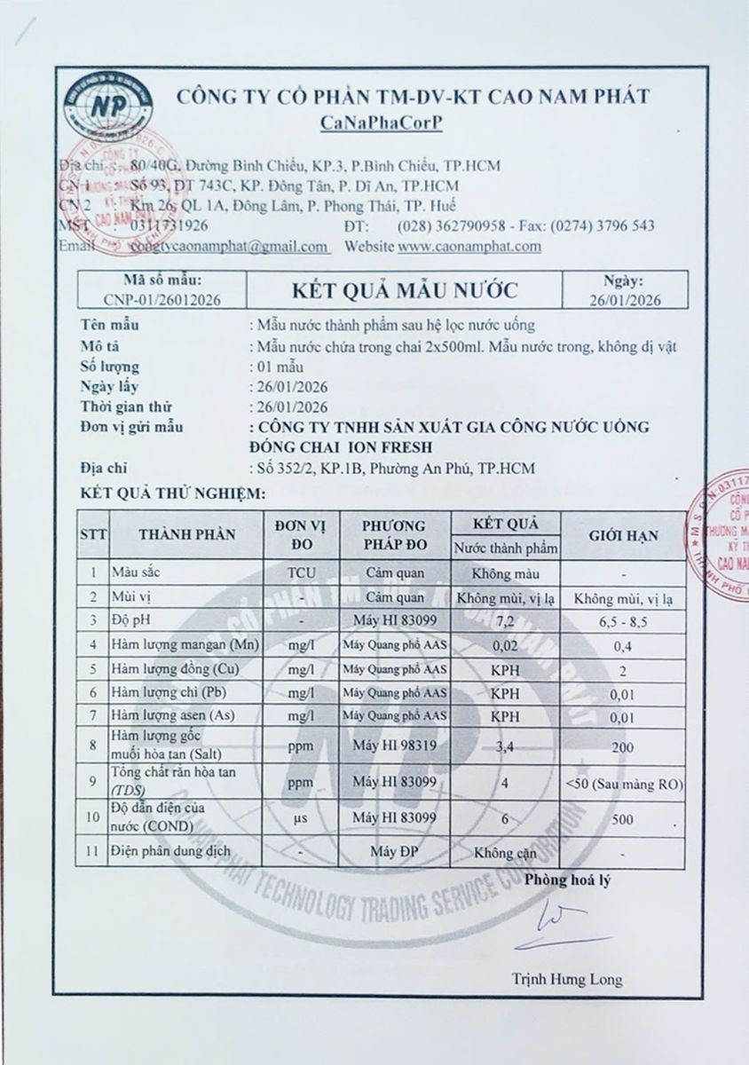 Kết quả mẫu nước cất năm 2025