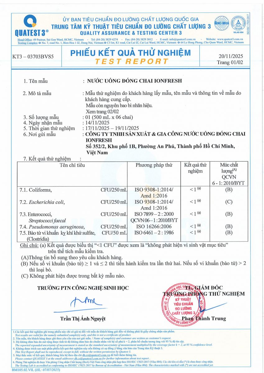 ion fresh Kết quả mẫu nước uống năm 2025
