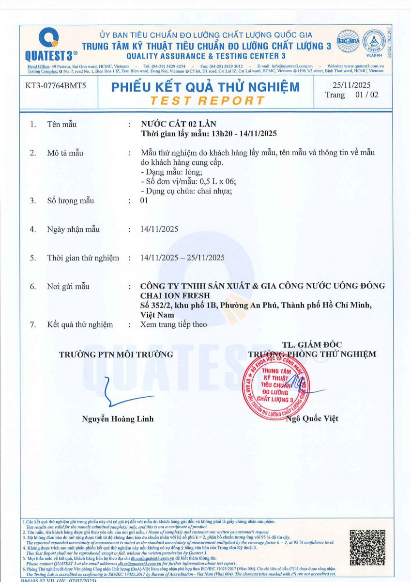 Kết quả mẫu nước cất năm 2025