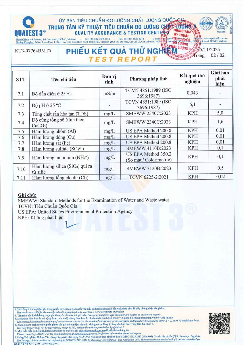 Kết quả mẫu nước cất năm 2025