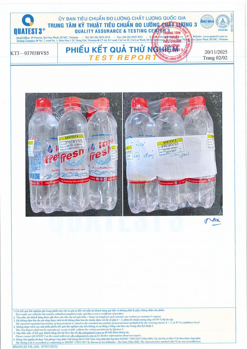 ion fresh Kết quả mẫu nước uống năm 2025