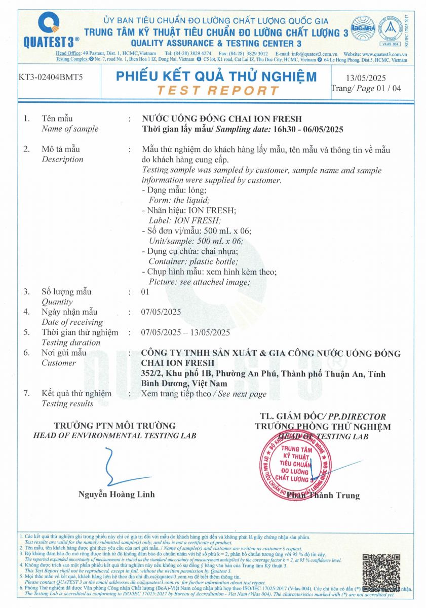 Kết quả mẫu nước uống tháng 5 năm 2025