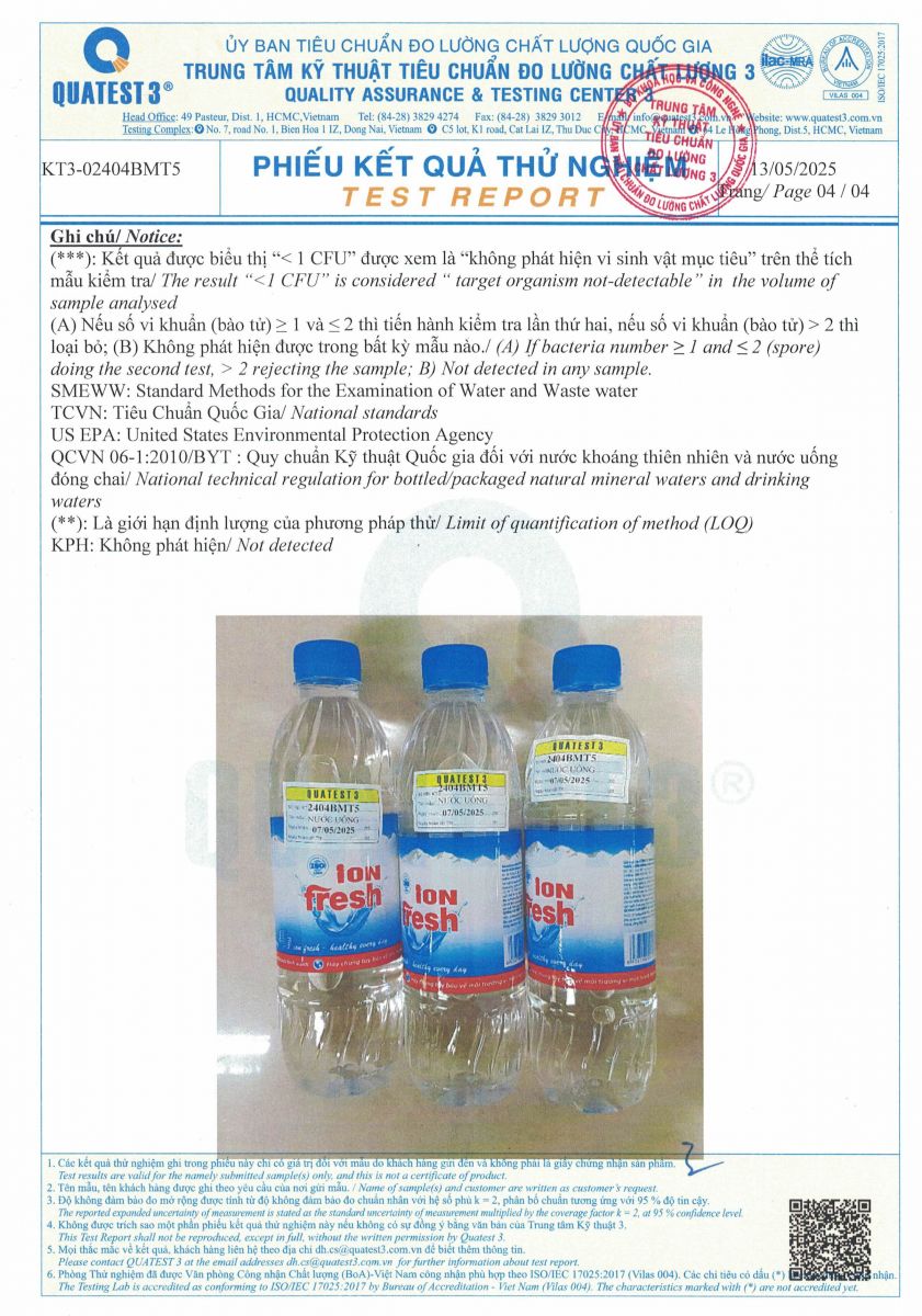 Kết quả mẫu nước uống tháng 5 năm 2025